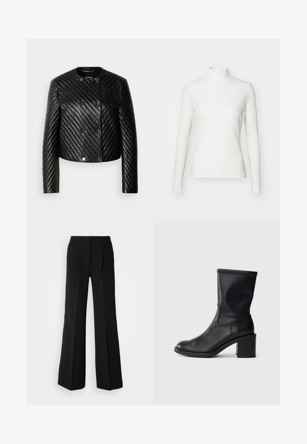 Sort quiltet læderjakke med rund hals, lange ærmer og trykknapper, med diagonale syninger og en kort design.; Hvid ribbet turtleneck blouse med lange ærmer, lavet af elastisk stof. Har et tætsiddende design og høj hals for god dækning.; Sorte bukser lavet af glat stof, med høj talje, bred ben silhuet og to frontfolder for ekstra design detaljer.; Sort læder ankelstøvle med rund tå, glat tekstur og en grov hæl, der har et tætsiddende skaft og subtil syning.