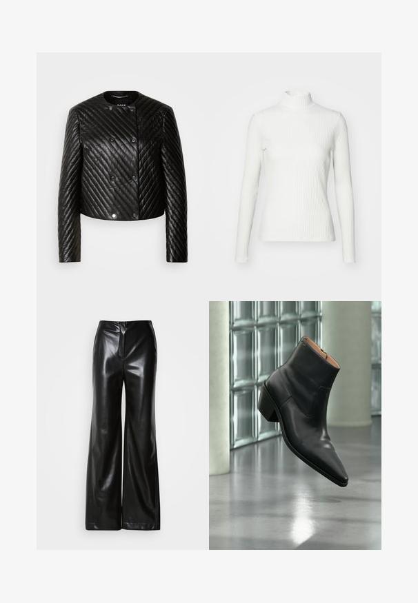Sort quiltet læderjakke med rund hals, lange ærmer og trykknapper, med diagonale syninger og en kort design.; Hvid ribbet turtleneck blouse med lange ærmer, lavet af elastisk stof. Har et tætsiddende design og høj hals for god dækning.; Sorte læder bukser med bred ben, glat tekstur, høj talje og skjult lynlås foran. Skræddersyet pasform med en ren finish.; Sort læderankelstøvle med spids tå og blokhæl, der svæver over en reflekterende grå gulv nær en væg af glasblokke.