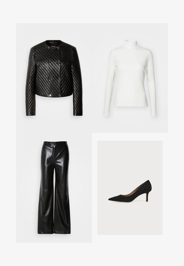 Chaqueta de cuero acolchada negra con cuello redondo, mangas largas y cierres a presión, con patrones de costura en diagonal y un diseño corto.; Top de cuello alto blanco con canalé y mangas largas, fabricado en una tela elástica. Presenta un diseño ajustado y un escote alto para mayor cobertura.; Pantalones de piel negros de pierna ancha con textura suave, cintura alta y cierre frontal oculto. Ajuste entallado con un acabado limpio.; Zapato de salón negro de ante con punta afilada, tacón stiletto de altura media y suela interior color cuero claro sobre un fondo claro.