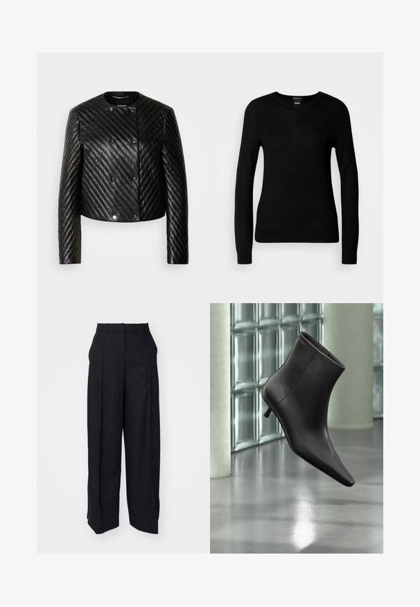 Schwarze gesteppte Lederjacke mit Rundhalsausschnitt, langen Ärmeln und Druckknöpfen, diagonal verlaufenden Nähten und einer verkürzten Passform.; Schwarzer Pullover aus feinem Strickmaterial, mit rundem Halsausschnitt und langen Ärmeln mit enganliegenden Bündchen. Keine sichtbaren Muster oder Verzierungen.; Schwarze Hosen mit einem strukturierten Muster. Mit gefalteter Vorderseite, seitlichen Taschen und geradem Beindesign. Das Material wirkt glatt.; Schwarzer Leder-Knöchelstiefel mit spitzer Spitze und kleinem Absatz vor einer Wand aus Glasbausteinen und einem polierten Boden.