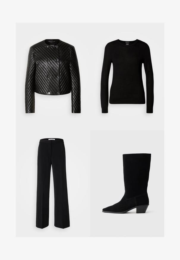 Schwarze gesteppte Lederjacke mit Rundhalsausschnitt, langen Ärmeln und Druckknöpfen, diagonal verlaufenden Nähten und einer verkürzten Passform.; Schwarzer Pullover aus feinem Strickmaterial, mit rundem Halsausschnitt und langen Ärmeln mit enganliegenden Bündchen. Keine sichtbaren Muster oder Verzierungen.; Schwarze, weite Hosen mit glatter Textur, ausgestattet mit einem taillierten Bund und minimalistischem Design. Keine sichtbaren Muster oder Akzente.; Schwarze Wildleder Stiefelette mit spitzer Zehe, mittelhohem Schaft und einem chunky Absatz. Verfügt über minimale Nähte und eine glatte Textur.