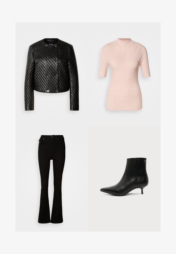 Chaqueta de cuero acolchada negra con cuello redondo, mangas largas y cierres a presión, con patrones de costura en diagonal y un diseño corto.; Top corto de manga corta en rosa claro con un cuello alto, que presenta un patrón ribeteado texturizado sobre un fondo neutro.; Jeans acampanados negros de denim, con una cintura alta, bolsillos frontales y un diseño clásico de cinco bolsillos con acentos de metal.; Botín de piel negra con puntera puntiaguda y tacón bajo estilo kitten sobre fondo claro, mostrando vista lateral exterior.