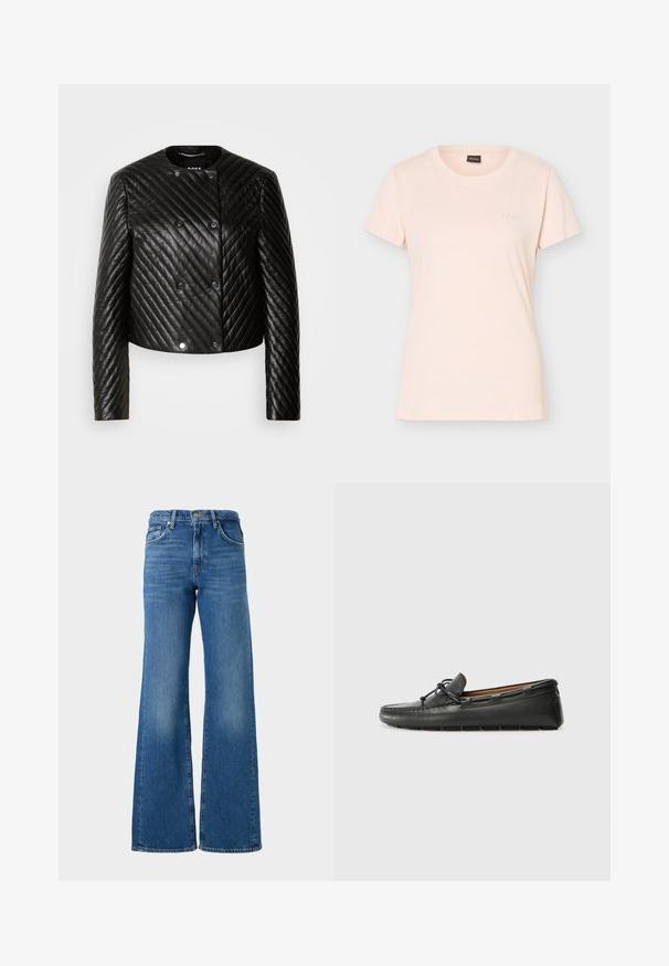 Zwarte gewatteerde leren jack met een ronde hals, lange mouwen en drukknoopsluitingen, voorzien van diagonale stikpatronen en een cropped design.; Lichtroze T-shirt met korte mouwen en ronde hals, voorzien van een klein reliëflogo van BOSS op de linkerborst en een zwart label aan de binnenkant van de kraag.; Brede blauwe jeans met een vervaagde afwerking, gemaakt van denim, met een klassiek vijf-pocket ontwerp en een messing knoopsluiting bij de taille.; Zwarte leren bootshoe met een ronde neus, gestikte details, een kleine strikaccent en een rubberen zool. Soepele textuur en gestroomlijnd ontwerp.