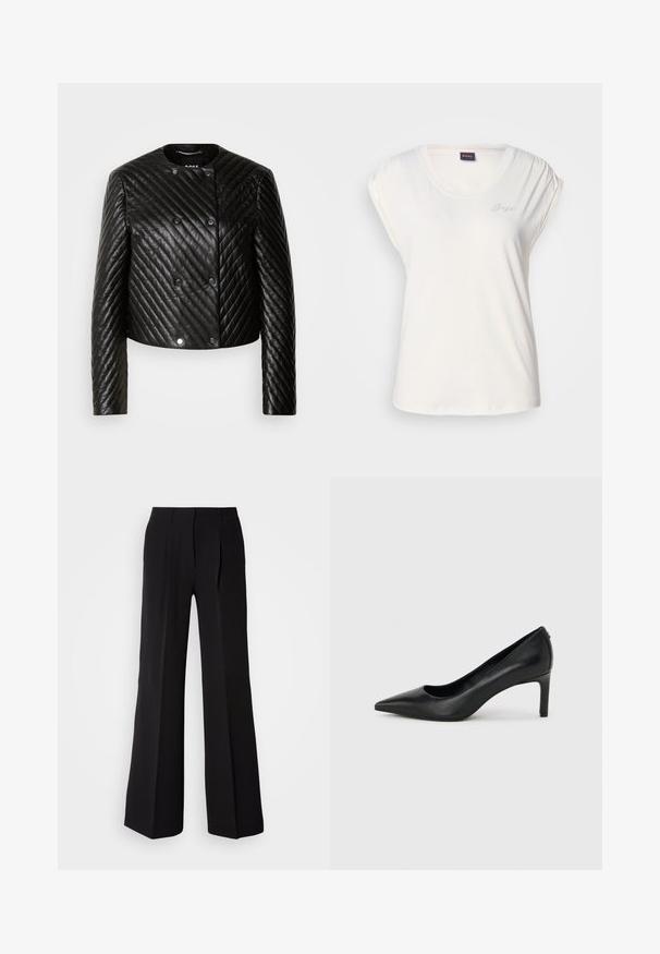 Zwarte gewatteerde leren jack met een ronde hals, lange mouwen en drukknoopsluitingen, voorzien van diagonale stikpatronen en een cropped design.; Witte T-shirt met korte mouwen en een ronde hals, met geplooide schouderdetails. Subtiele logo in rhinestones aan de linkerkant. Zachte stoftextuur.; Zwarte broeken van soepele stof, met een hoge taille, wijde pijpen en twee plooien aan de voorkant voor extra ontwerpelementen.; Zwarte leren pumps met een spits toelopende neus en een slanke, middelhoog hak, afgebeeld tegen een effen lichtgrijze achtergrond.