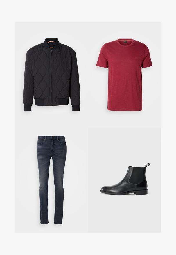 Chaqueta bomber negra acolchada con cuello y puños acanalados, patrón de diamantes estructurado y cierre frontal con cremallera. Branding en el cuello interior.; Camiseta roja de manga corta confeccionada con una tela suave y texturizada. Cuenta con un cuello redondo y una sutil marca en un color a juego.; Vaqueros de mezclilla de lavado oscuro con un ajuste slim, que cuentan con cierre de botones, cinco bolsillos y un sutil desgaste. Diseño de pierna recta con textura suave.; Botín negro de cuero hasta el tobillo con paneles elásticos a los lados, punta redondeada y lengüeta. Textura suave, suela plana, diseño minimalista.