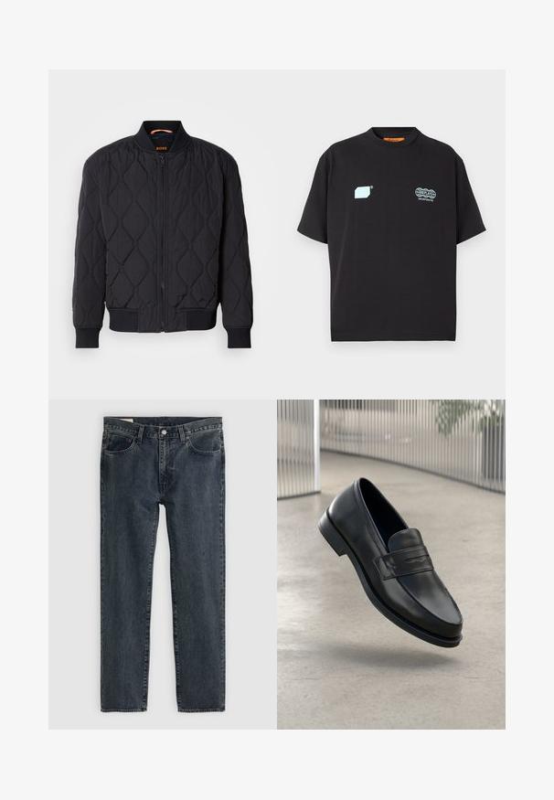 Sort quiltet bomberjakke med ribbet krave og manchetter, struktureret diamantmønster og frontlynlås. Branding på den indre hals.; Sort T-shirt med korte ærmer med lyseblå geometriske mønstre og Replay Incorporated-logoer på brystet, rund halsudskæring og orange label inde i kraven.; Mørkeblå denimjeans med lige ben-design, fem lommer og knap-lynlås. Stoffet viser en subtil falmning og tekstur.; Sort lædersko med glat tekstur, spids tå og en dekorativ rem over vristen. Letvægts sål, minimalistisk design.