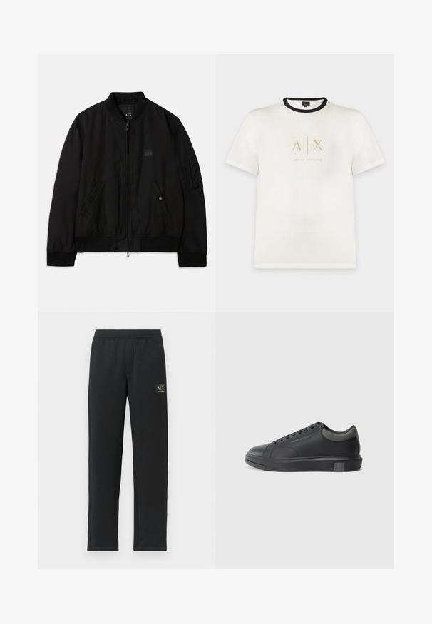 Sort bomberjakke med lynlås foran, ribbet krave og ærmer, to sidelommer med trykknaplukning og et mærke på venstre ærme.; Hvid t-shirt med korte ærmer og sort kravekant med "A|X Armani Exchange" logo trykt i lyse farver på brystet.; Sorte sweatpants med lige ben, elastisk talje og sort logo-patch på venstre lår.; Sorte lædersneakers med en glat finish, rund tå og mørke grå accenter. Har snørebåndsdesign og tekstureret gummisål.