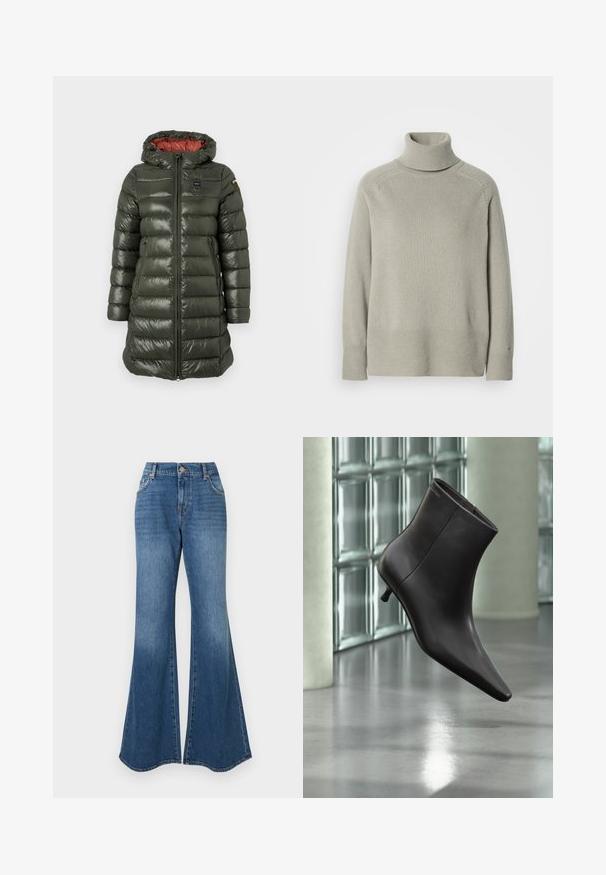 Polstret jakke i olivengrøn med en blank overflade, der har hætte, frontlynlås, sidelommer og kontrasterende rød foring.; Lys grå strikket turtleneck sweater med lange ærmer og ribbede manchetter og kant, vist på en ensfarvet hvid baggrund.; Blå flagrende jeans i klassisk denimmateriale, høj talje og subtil falming med en bred ankelåbning, ingen synlige udsmykninger.; Sort læderankelstøvle med spids tå og lille hæl vist mod en væg af glasblokke og poleret gulv baggrund.