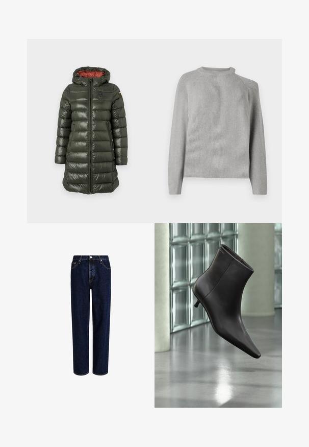 Padded Jacke in Olivgrün mit glänzender Oberfläche, ausgestattet mit Kapuze, Frontreißverschluss, Seitentaschen und kontrastierendem roten Innenfutter.; Copenhagen Muse COLIN PULLOVER - Strickpullover - light grey; Dunkelblaue Denim-Jeans mit geradem Bein, hoher Taille, fünf Taschen und kontrastierenden Nähten. Ohne Verzierungen.; Schwarzer Leder-Knöchelstiefel mit spitzer Spitze und kleinem Absatz vor einer Wand aus Glasbausteinen und einem polierten Boden.