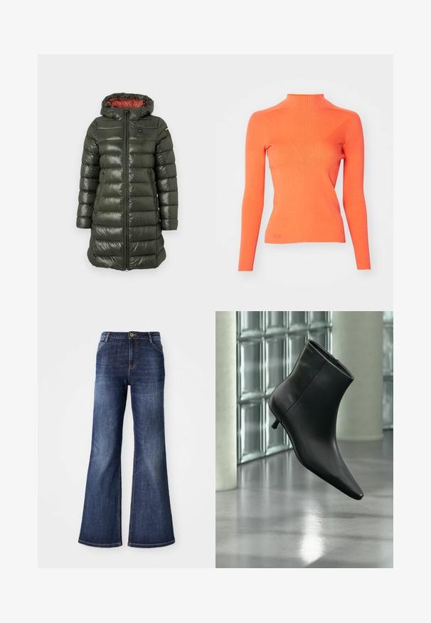 Padded Jacke in Olivgrün mit glänzender Oberfläche, ausgestattet mit Kapuze, Frontreißverschluss, Seitentaschen und kontrastierendem roten Innenfutter.; Gestreifter Rollkragenpullover in leuchtendem Orange, mit langen Ärmeln und einem taillierten Schnitt, der ein V-Designelement an der Vorderseite aufweist.; Dunkelblaue, ausgestellte Jeans aus Denim mit einem Frontknopfverschluss, zwei Fronttaschen und minimaler Ausbleichung an den Oberschenkeln und dem Saum.; Schwarzer Leder-Stiefelette mit spitzer Zehenpartie und niedrigem Kitten-Heel, schräg dargestellt vor einem polierten Boden und einer Glasbausteinwand.