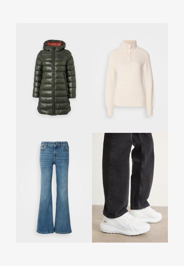Roheline, läikiva viimistlusega pehmendustega jakk kapuutsiga, esise parempoolse tõmblukuga, küljetaskute ja kontrastse punase voodriga.; Kreemikas pullover kõrge kraega, millel on neli nupuklappi ning soonikkoes varrukad ja äär. Valmistatud pehmest, tekstuuriga kangast.; Heledad helesin jeansid, mis on helesinised ja flared lõikega, viie taskuga, nähtava õmblusega ning nööbi ja tõmbluku kinnitusega taljes.; Valged sneakers, millel on tekstureeritud disain ja helesinised aktsendid, kantud tumedate teksadega. Kingadel on kerge tallaga ja paelad.
