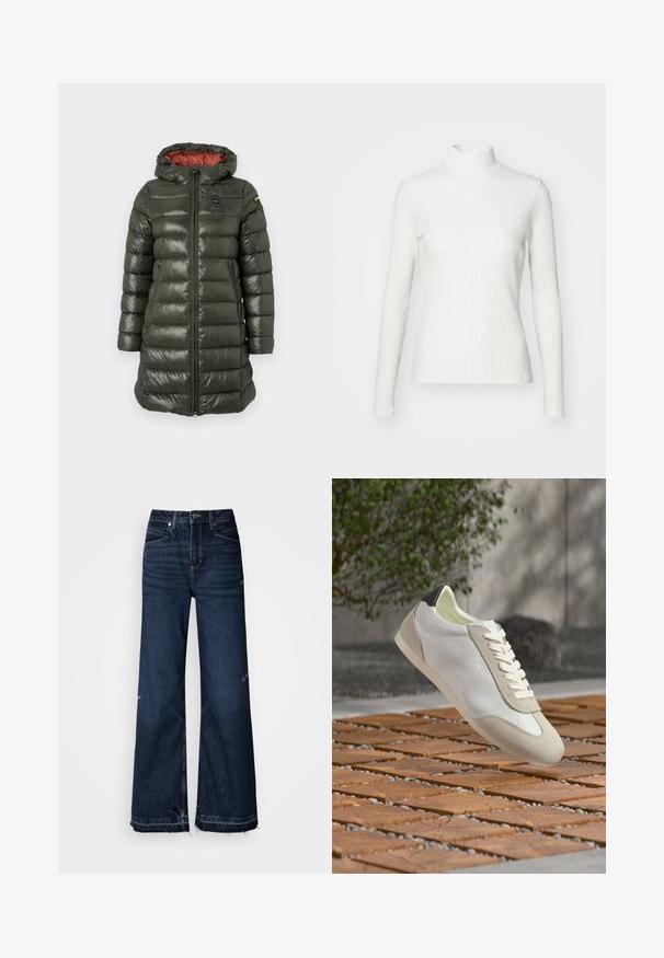 Padded Jacke in Olivgrün mit glänzender Oberfläche, ausgestattet mit Kapuze, Frontreißverschluss, Seitentaschen und kontrastierendem roten Innenfutter.; Weißes geripptes Turtleneck-Oberteil mit langen Ärmeln, aus elastischem Stoff. Verfügt über ein enganliegendes Design und einen hohen Kragen für zusätzlichen Schutz.; Hoch taillierte, weit geschnittene Jeans aus dunklem Denim. Merkmale sind ausgefranste Säume und ein Fünf-Taschen-Design mit sichtbaren Nähten.; Weißer und beiger Freizeitsneaker mit schwarzem Fersendetail, weißen Schnürsenkeln und "BOSS"-Branding, schwebend über Holzbodenpflaster im Freien.