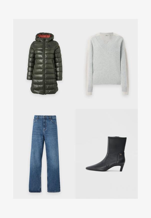 Gevoerde jas in olijfgroen met een glanzende afwerking, voorzien van een capuchon, frontale rits, zijzakken en contrasterende rode voering.; DRYKORN PASELIA - Trui - grey; Blauwe denim jeans met hoge taille en wijd uitlopende pijpen, met een gladde textuur, minimale stikdetails en een klassieke vijfzakkenstijl.; Zwarte leren enkellaarsjes met een spitse neus en een lage hak. Heeft een gladde textuur en een kleine gouden logo-detail aan de zijkant.