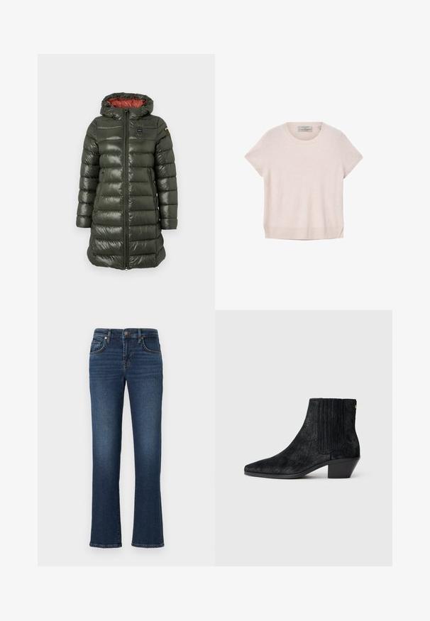 Polstret jakke i olivengrøn med en blank overflade, der har hætte, frontlynlås, sidelommer og kontrasterende rød foring.; Lys pink kortærmet sweater lavet af blødt materiale, med rund halsudskæring og lette sidesprætter i kanten for nem bevægelse.; Mørkeblå denim jeans med lige ben, der har frontlommer, lynlås og bløde falmede områder langs lårerne.; Sort ankelstøvle med spidse tæer, tekstureret håragtigt materiale, ribbet sidepanel og en lav, firkantet hæl. Simpelt og moderne design.