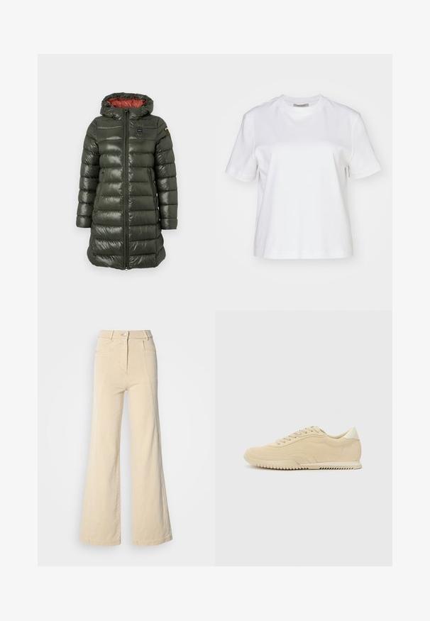 Polstret jakke i olivengrøn med en blank overflade, der har hætte, frontlynlås, sidelommer og kontrasterende rød foring.; AllSaints LISA TEE - T-shirts basic - white; Beige vidde jeans med høj talje, forlommer og kontrasterende syninger, udstyret med en knaplukning og en glat bomuldsstruktur.; Beige ruskinds sneakers med snørebånd, struktureret overflade, kontrasterende gummisål og en let hæl. Minimalistisk stil med diskret branding.