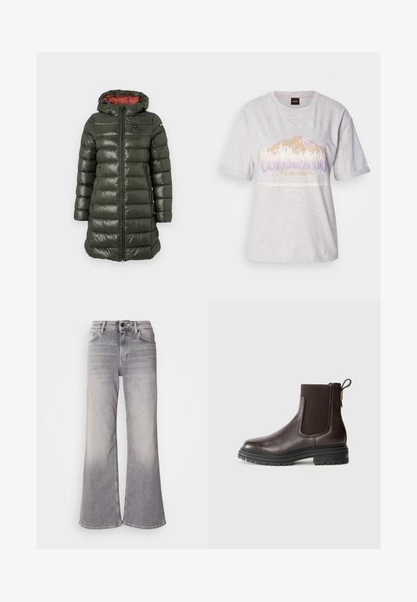 Padded Jacke in Olivgrün mit glänzender Oberfläche, ausgestattet mit Kapuze, Frontreißverschluss, Seitentaschen und kontrastierendem roten Innenfutter.; Helle graue Baumwoll-T-Shirt mit kurzen Ärmeln, das ein Berggrafik und Text in Violett und Beige zeigt. Runder Halsausschnitt, lockere Passform.; Mos Mosh HERA - Flared Jeans - grey; Braune Leder-Ankle-Boots mit elastischen Seitenpaneelen, strukturierten Oberflächen und runder Zehenpartie. Ausgestattet mit einer dicken Gummisohle und einem Zugtab.