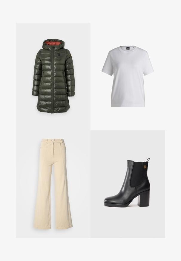 Veste rembourrée de couleur vert olive avec une finition brillante, dotée d'une capuche, d'une fermeture éclair à l'avant, de poches latérales et d'une doublure rouge contrastante.; T-shirt en coton blanc avec un col rond, des manches courtes et une coupe décontractée. Il présente une petite étiquette de marque près du col.; Jeans beige à jambes larges avec taille haute, poches avant, et couture contrastée, dotés d'une fermeture à bouton et d'une texture en coton lisse.; Bottines en cuir noir avec talon bloc, panneau élastique sur les côtés, languette d'enfilage et petit logo doré sur le dessus.
