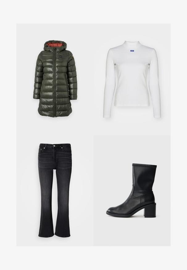 Padded Jacke in Olivgrün mit glänzender Oberfläche, ausgestattet mit Kapuze, Frontreißverschluss, Seitentaschen und kontrastierendem roten Innenfutter.; Weißes langärmliges Rollkragenshirt aus dehnbarem Material mit taillierter Passform und kleinem blauen Logo auf der Brust.; Schwarze Jeans aus Denim mit fünf Taschen, einem Knopf- und Reißverschluss sowie leicht ausgestellten Beinen vor einem schlichten weißen Hintergrund.; Schwarze Leder-Ankle Boots mit runder Zehenform, glatter Oberfläche und dicker Absatz, ausgestattet mit einem eng anliegenden Schaft und subtilen Nähten.