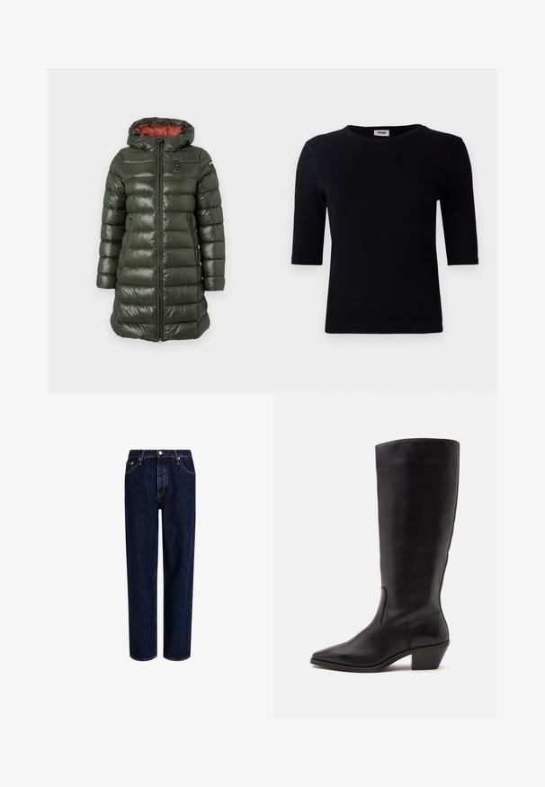 Veste rembourrée de couleur vert olive avec une finition brillante, dotée d'une capuche, d'une fermeture éclair à l'avant, de poches latérales et d'une doublure rouge contrastante.; T-shirt noir à côtes avec un col rond et des manches trois-quarts. Le tissu a une texture lisse et une ligne d'ourlet droite. Pas de marque visible.; Jeans en denim bleu foncé avec une coupe droite, dotés d'une taille haute, d'un style à cinq poches et de coutures contrastantes. Sans embellissements.; Botte en cuir noire mi-mollet avec un bout pointu et un talon bas incliné sur un fond clair uni.
