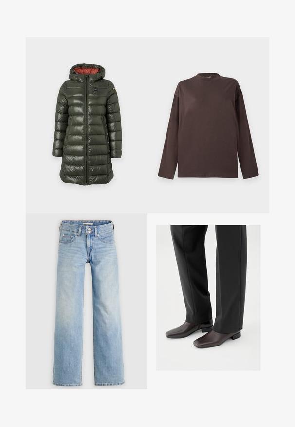 Padded Jacke in Olivgrün mit glänzender Oberfläche, ausgestattet mit Kapuze, Frontreißverschluss, Seitentaschen und kontrastierendem roten Innenfutter.; Braunes Langarm-T-Shirt aus weichem Material mit rundem Ausschnitt und lockerer Passform. Schlichtes Design, keine sichtbaren Muster oder Akzente.; Hellblaue Jeans mit weitem Bein aus Denim, mit Knopfleiste, Gesäßtaschen und einem leicht ausgewaschenen Look für einen lässigen Stil.; Dunkelbraune Lederschuhe mit quadratischer Spitze und kurzem Blockabsatz, getragen zu schwarzer, maßgeschneiderter Hose, die ein elegantes, gepflegtes Erscheinungsbild zeigt.
