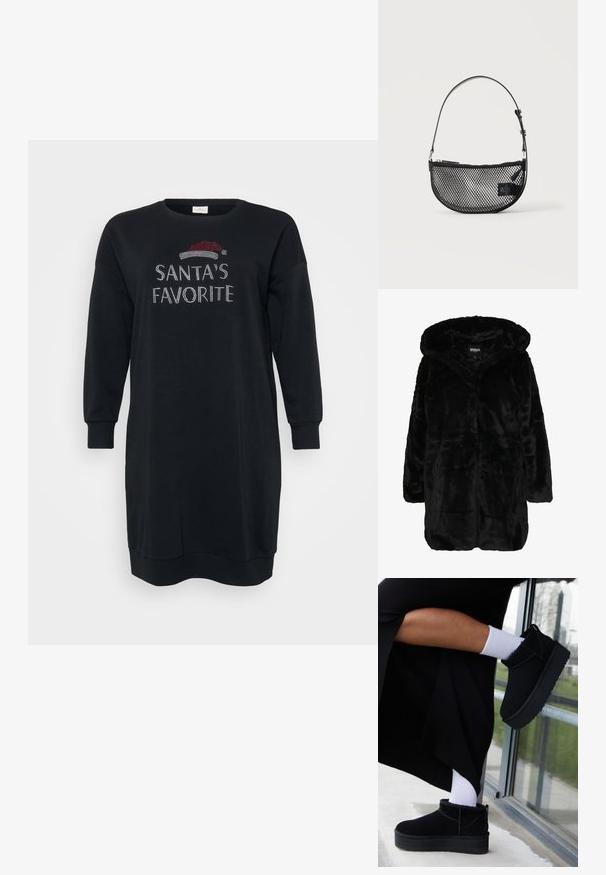 Sort faux fur frakke med hætte, der har en blød tekstur, lange ærmer og en afslappet pasform. Stoffet har et fyldigt, glinsende udseende.; Sort bomulds sweatshirt kjole med lange ærmer, som har en rund halsudskæring og teksten "SANTAS FAVORIT" i rhinsten, akkompagneret af et rødt hat grafik.; Sorte suede ankelstøvler med flad sål, med en bageste træksløjfe, båret med hvide ankelstrømper mod en minimalistisk baggrund.; Sort mesh halvmåne håndtaske med en kort justerbar læderrem og lynlåslukning på en ensartet lys baggrund.