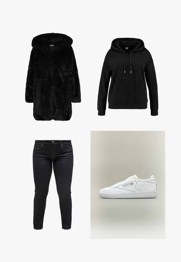 Sort faux fur frakke med hætte, der har en blød tekstur, lange ærmer og en afslappet pasform. Stoffet har et fyldigt, glinsende udseende.; Sort hætte sweatshirt med løstsiddende pasform, snøre i halsen, lange ærmer, ribbede manchetter og kant. Fremstillet af blødt, tekstureret stof.; Mørkeblå skinny jeans lavet af denim, der har et klassisk fem-lomme design, kontrasterende orange syninger og en lynlås med knaplukning.; Hvid Reebok low-top sneaker med syningsdetaljer, perforeringer nær tæerne og Reebok-logo med et lille Union Jack på siden.