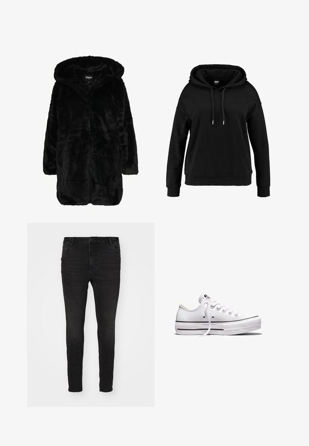 Manteau en fausse fourrure noire avec capuche, présentant une texture douce, des manches longues et une coupe décontractée. Le tissu a un aspect pelucheux et brillant.; Sweatshirt à capuche noir avec une coupe ample, un col à cordon, des manches longues, des poignets côtelés et un ourlet côtelé. Fabriqué en tissu doux et texturé.; Vero Moda Curve Skinny fit VMCFLASH Mid rise - Jeans Skinny - black denim; Baskets basses en toile blanche avec lacets blancs, semelle en caoutchouc, détails à rayures noires, et écusson logo sur la languette et le talon.