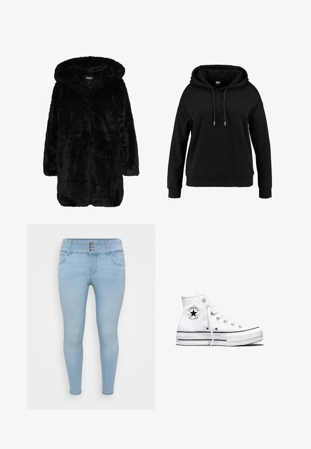 Sort faux fur frakke med hætte, der har en blød tekstur, lange ærmer og en afslappet pasform. Stoffet har et fyldigt, glinsende udseende.; Sort hætte sweatshirt med løstsiddende pasform, snøre i halsen, lange ærmer, ribbede manchetter og kant. Fremstillet af blødt, tekstureret stof.; Lysblå skinny jeans lavet af denim. Har tre-knaps lukning, to frontlommer og en glat tekstur.; Hvid højtop Converse Chuck Taylor All Star-sneaker med sort logo-patch og hvide snørebånd, vist på hvid baggrund.