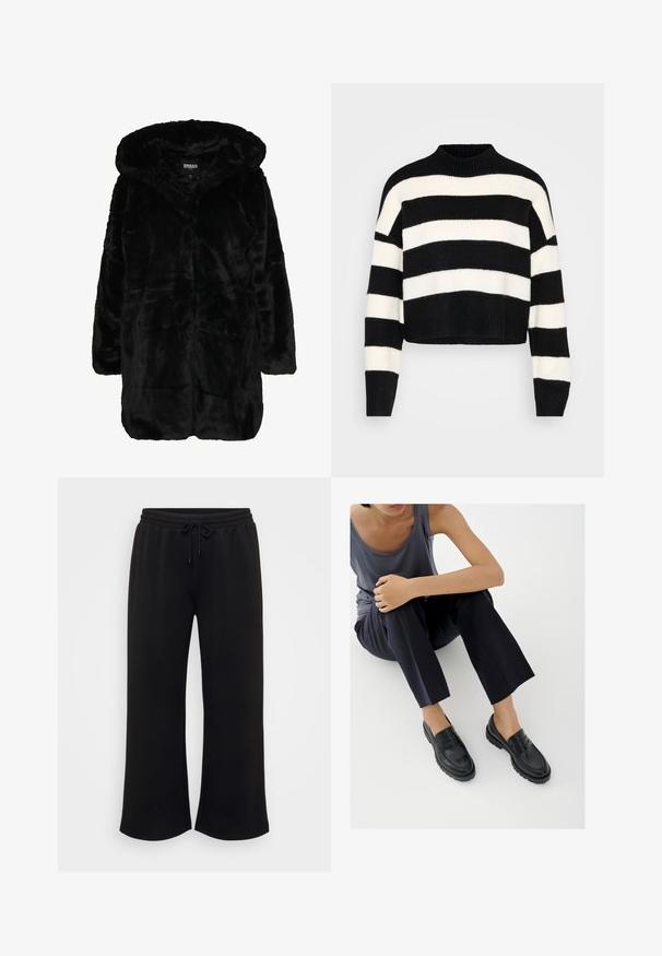 Manteau en fausse fourrure noire avec capuche, présentant une texture douce, des manches longues et une coupe décontractée. Le tissu a un aspect pelucheux et brillant.; Pull cropped à manches longues noir et blanc à rayures horizontales, avec un col montant côtelé et des poignets, présenté sur un fond clair.; Pantalons de survêtement larges noirs avec une taille élastique et un cordon de serrage, présentant une texture lisse et sans motifs ni accents visibles.; Mocassins en cuir noir avec accents texturés, talon bas, bout arrondi, et coutures visibles. Modèle portant un pantalon sombre et un haut gris.