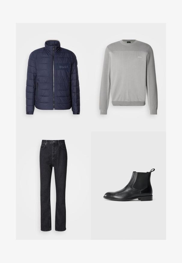 Veste matelassée bleu marine avec un col montant, fermeture éclair, deux poches latérales et un écusson logo 'BOSS' texturé sur la poitrine.; Pull gris en tricot avec manches longues, col rond, poignets et ourlet côtelés. Présente une légère variation de texture et un logo BOSS sur la poitrine.; Jean en denim noir taille haute avec fermeture à bouton et à glissière, poches avant et arrière, et coupe droite.; Bottine en cuir noir avec des panneaux latéraux élastiques, bout rond et tirette. Texture lisse, semelle plate, design minimaliste.