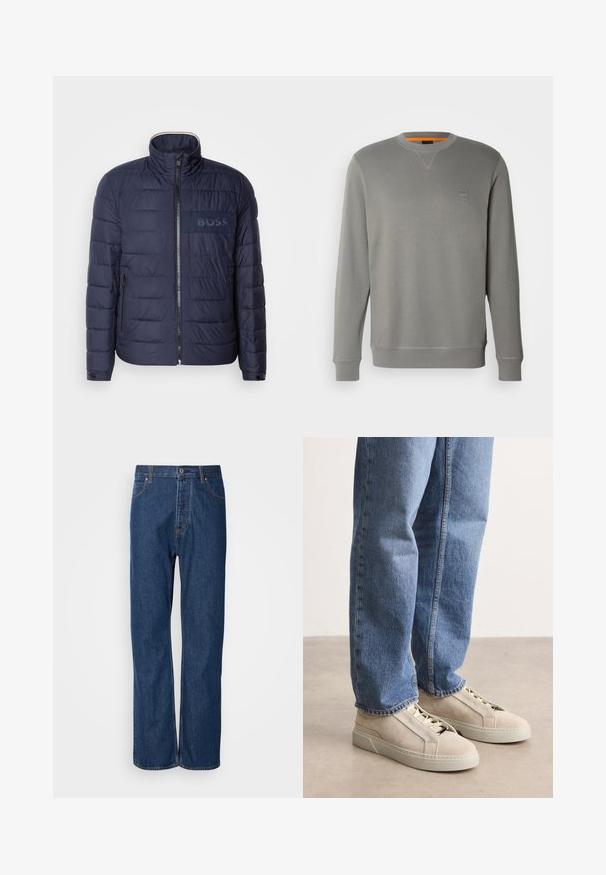Marineblå pufferjakke med høj krave, lynlås lukning, to sidelommer og et tekstureret 'BOSS' logo patch på brystet.; BOSS WESTART - Sweatshirt - open grey sixteen; Blå denim jeans med lige ben, der har en knaplukning, fem lommer og kontraststikninger langs sømmene.; BOSS GARYTENN_SDHDEL - Sneakers - natural ten
