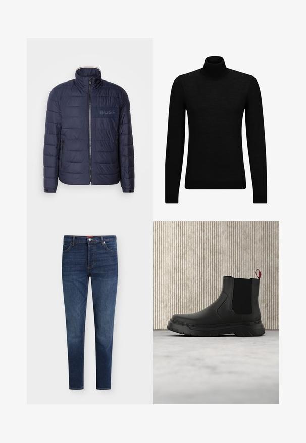 Tumedat sinine puffer-jakk kõrge kraega, tõmblukuga, kahe külgetasku ja tekstureeritud 'BOSS' logo patchiga rinnal.; Musthave muströid ja pehmest materjalist must turtleneck, millel on pikad varrukad ja tihe istuvus. Ribaga ääris allservas ja vöökohal. Lihtne disain.; Tumesinised kitsad teksad esitaskute, vööaasade, nööpidega kinnituse ja õrna kulumisega reitel ja põlvedel.; Mustad musta värvi ankle boot, millel on sile viimistlus, elastsed külgpaneelid ja kontrastne punane tõmbetaba. Saapadel on paks kummist tald ja ümar varvas.
