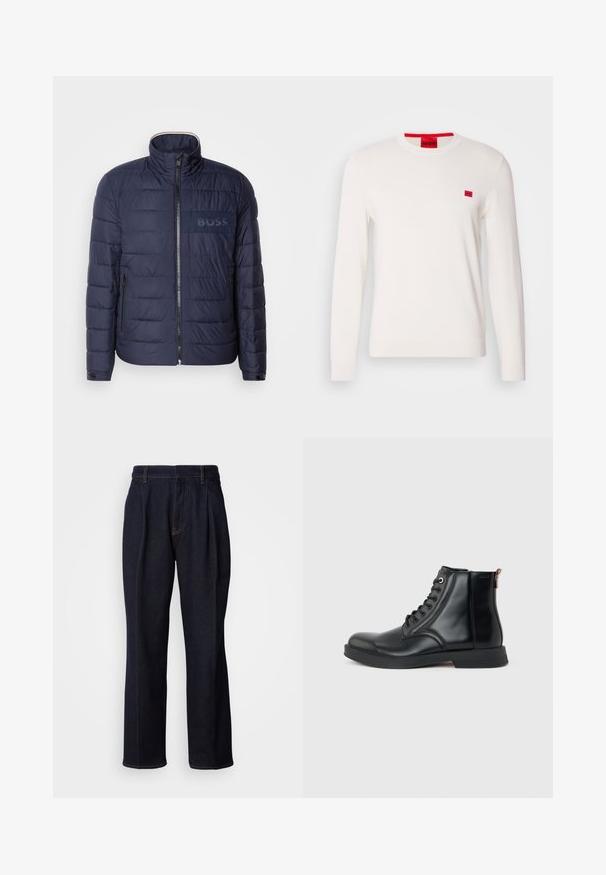Navyblaue Steppjacke mit hohem Kragen, Reißverschluss, zwei seitlichen Taschen und einem strukturierten "BOSS"-Logopatch auf der Brust.; Weißer Rundhalsausschnitt-Pullover mit langen Ärmeln, aus weichem Stoff gefertigt. Verfügt über ein kleines rotes Logo-Patch auf der Brust und ein kontrastierendes rotes Etikett am Kragen.; Dunkelblaue weit geschnittene Jeans mit vorderen Falten und orangen Nähten, auf weißem Hintergrund gezeigt.; Schwarzer Leder-Stiefel bis zum Knöchel mit Schnürung vorne, rundem Zeh, flacher Sohle und Zuglasche hinten vor schlichtem hellgrauem Hintergrund.