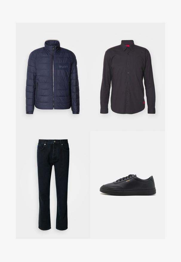 Veste matelassée bleu marine avec un col montant, fermeture éclair, deux poches latérales et un écusson logo 'BOSS' texturé sur la poitrine.; Chemise noire à manches longues en coton, dotée d'un col pointu, d'une fermeture à boutons et d'un accent rouge à l'intérieur du col. Tissu texturé sans motifs.; HUGO JONAH - Jean droit - dark blue; Baskets en cuir noir avec une texture lisse, bout rond, semelle en caoutchouc plate et lacets ton sur ton. Présente une marque "BOSS" dorée sur le côté.