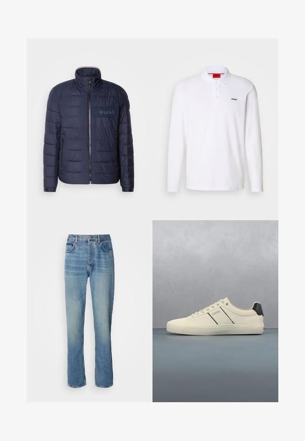 Veste matelassée bleu marine avec un col montant, fermeture éclair, deux poches latérales et un écusson logo 'BOSS' texturé sur la poitrine.; Polo-shirt blanc à manches longues en coton avec un col, une patte de boutonnage à trois boutons et un logo noir "HUGO" sur la poitrine gauche.; Jean en denim droit bleu clair avec taille haute, fermeture par bouton et zip à l'avant, et design à cinq poches.; Baskets de couleur crème avec une texture lisse, dotées d'accents et de marquage noirs. Design classique à lacets avec un bout rond et une semelle en caoutchouc.