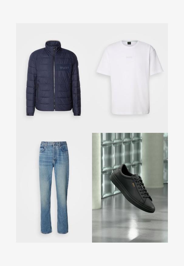 Veste matelassée bleu marine avec un col montant, fermeture éclair, deux poches latérales et un écusson logo 'BOSS' texturé sur la poitrine.; T-shirt en coton blanc à manches courtes, col rond, avec un logo « BOSS » en relief sur la poitrine. Texture lisse, coupe standard.; Jean en denim droit bleu clair avec taille haute, fermeture par bouton et zip à l'avant, et design à cinq poches.; Baskets basses en cuir noir avec lacets noirs et logo BOSS doré sur le côté, flottant au-dessus d’un sol gris brillant dans un espace intérieur moderne.