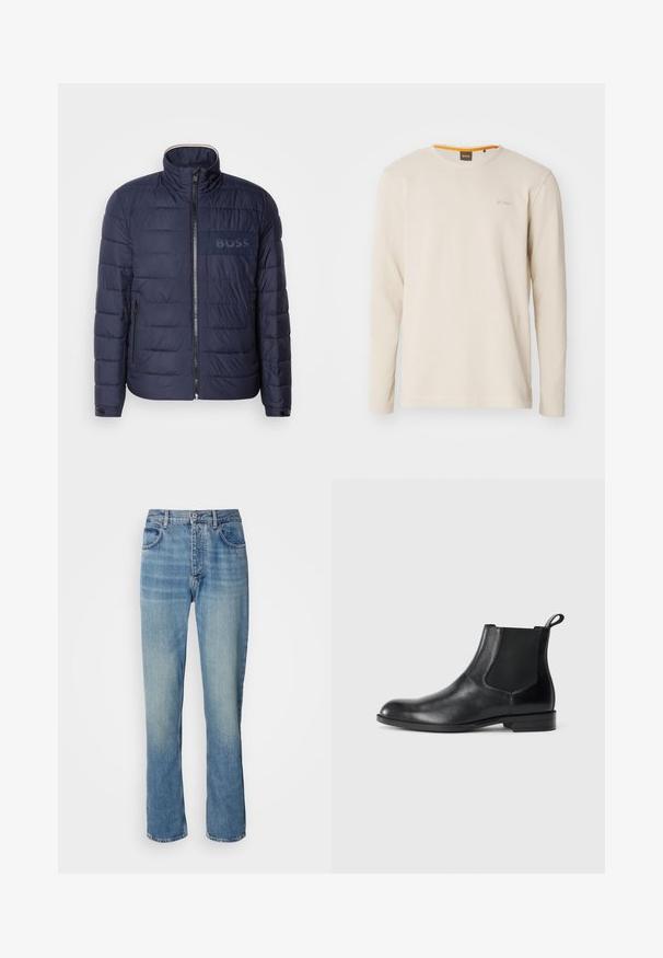 Navyblaue Steppjacke mit hohem Kragen, Reißverschluss, zwei seitlichen Taschen und einem strukturierten "BOSS"-Logopatch auf der Brust.; Helles beige Langarm-T-Shirt aus strukturiertem Stoff. Mit Rundhalsausschnitt und einem kleinen Logo auf der Brust, das einen orangefarbenen Akzent im Kragen aufweist.; Helle blaue, gerade geschnittene Denim-Jeans mit hoher Taille, vorderem Knopf, Reißverschluss und Fünf-Taschen-Design.; Schwarze Leder-Stiefelette mit elastischen Seiteneinsätzen, abgerundeter Zehenpartie und einem Zugschlauf. Glatte Textur, flache Sohle, minimalistisches Design.