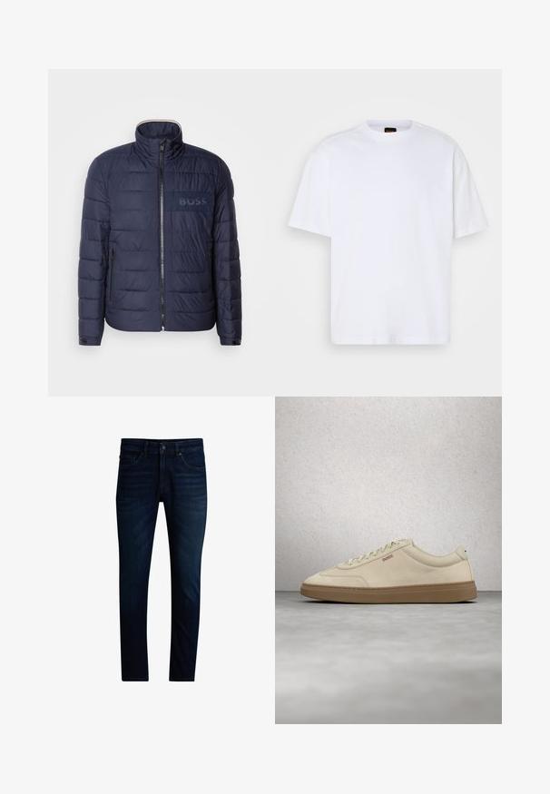 Navyblaue Steppjacke mit hohem Kragen, Reißverschluss, zwei seitlichen Taschen und einem strukturierten "BOSS"-Logopatch auf der Brust.; Weißes Baumwoll-T-Shirt mit Rundhalsausschnitt, kurzen Ärmeln und lässiger Passform. Verfügt über strukturierte Schulternaht für zusätzliche Details.; Dunkelblaue Slim-Fit-Jeans mit Vorderknopf- und Reißverschluss, Fünf-Taschen-Design und leichtem Used-Look an den Oberschenkeln.; Hellbeiger Wildledersneaker mit Gummisohle, auffälligen Schnürsenkeln und dezenten Nahtdetails. Sauberes Design mit minimalistischem Ästhetik.