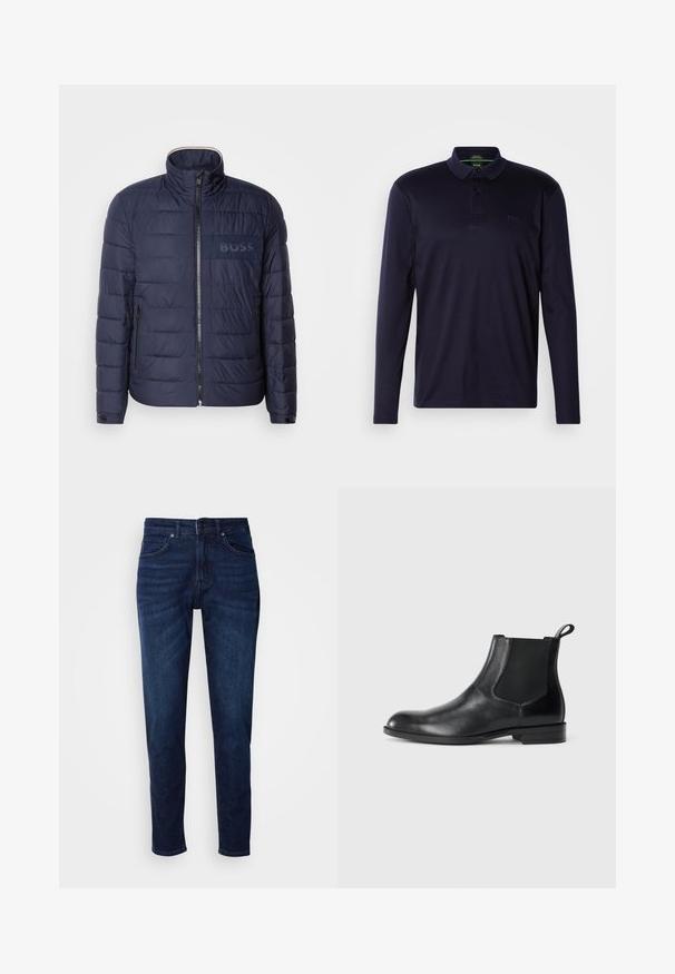 Veste matelassée bleu marine avec un col montant, fermeture éclair, deux poches latérales et un écusson logo 'BOSS' texturé sur la poitrine.; Polo à manches longues bleu marine en coton doux, avec une patte de boutonnage à trois boutons et un logo brodé sur la poitrine. Texture lisse.; Jean en denim bleu foncé avec une coupe droite, comportant des poches et une fermeture à bouton à la taille. Texture douce, détails de décoloration minimes.; Bottine en cuir noir avec des panneaux latéraux élastiques, bout rond et tirette. Texture lisse, semelle plate, design minimaliste.
