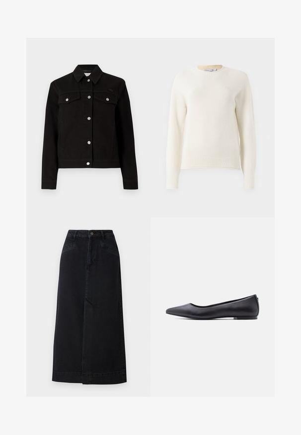 Veste en denim noir avec col à revers, boutons argentés, deux poches poitrine et design raccourci. Présente un logo de marque discret sur la poitrine.; Pull en maille blanc cassé à manches longues avec des poignets et un ourlet côtelés, col rond, et petit logo brodé sur la poitrine.; Jupe midi en denim noir avec une coupe droite, fermeture par boutons à l'avant et poches latérales avec de subtils détails de couture.; Chaussure plate en cuir noire à bout pointu avec petit talon, vue de profil sur fond blanc.