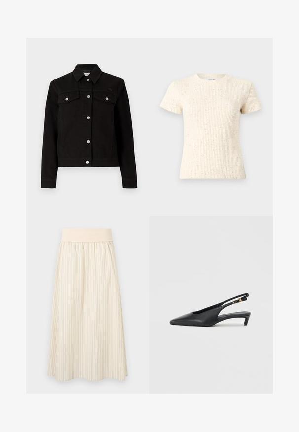Veste en denim noir avec col à revers, boutons argentés, deux poches poitrine et design raccourci. Présente un logo de marque discret sur la poitrine.; T-shirt crème à manches courtes avec une texture côtelée, présentant de petites taches subtiles partout. Encolure ronde classique et coupe ajustée.; Jupe crème plissée avec fines rayures verticales, dotée d'une ceinture élastique douce. Fabriquée en tissu léger pour le confort.; Des escarpins à talon ouvert noirs avec un bout pointu, une texture en cuir lisse, un petit talon aiguille, et une sangle avec un accent de boucle en métal.