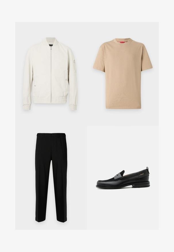 Veste bomber gris clair avec fermeture éclair sur le devant, col et poignets côtelés, deux poches latérales et une poche zippée sur la manche gauche. Texture lisse.; T-shirt en coton beige à manches courtes, col rond, avec un logo "HUGO" discret au centre. Texture lisse, coupe décontractée.; Pantalon noir en tissu lisse, présentant une coupe droite, deux poches avant et une fermeture à glissière avec bouton.; Mocassin en cuir noir avec détail de bride grise, talon bas et semelle texturée, marqué "HUGO" en or sur le côté.