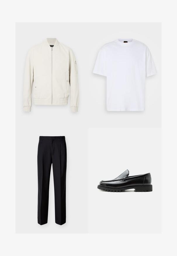 Veste bomber gris clair avec fermeture éclair sur le devant, col et poignets côtelés, deux poches latérales et une poche zippée sur la manche gauche. Texture lisse.; T-shirt en coton blanc avec un col rond, des manches courtes et une coupe décontractée. Les coutures épaules texturées ajoutent un détail supplémentaire.; Pantalon noir ajusté à coupe droite, avec un devant plissé et des poches latérales. Confectionné dans un tissu lisse et léger à motif uni.; Mocassin en cuir noir avec semelle en caoutchouc épaisse, dessus cousu et nom de marque embossé sur le talon, présenté de profil sur fond blanc.