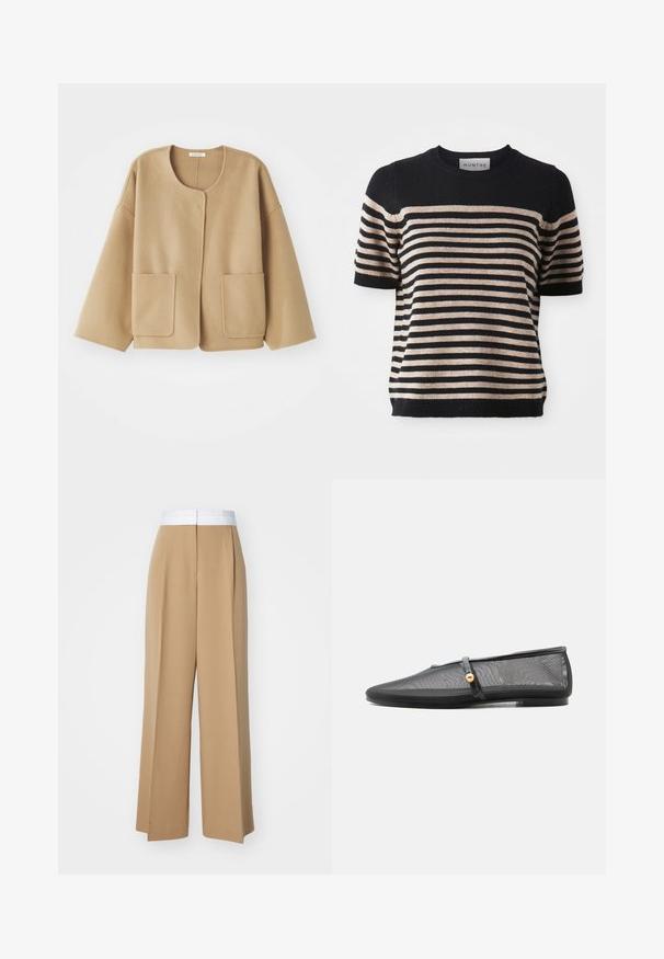 Beige, uld-blandet jakke med rund halsudskæring, sænkede skuldre og to frontlommer. Enkel, afslappet design med en glat tekstur.; Stripet kortærmet sweater lavet af et blødt materiale; har marineblå og beige striber, rund halsudsigt og ribbet kant.; Bredde benbukser i et lysebrunt stof med en kontrasterende hvid talje. Har rene linjer og ingen synlige mønstre eller udsmykninger.; Sort flad sko med lav hæl, mesh-overdel og tynd rem med guldknapdetalje over fodens vrist.
