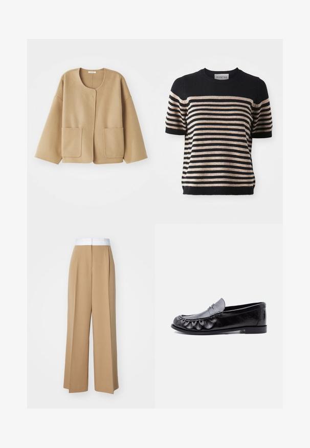 Beige, uld-blandet jakke med rund halsudskæring, sænkede skuldre og to frontlommer. Enkel, afslappet design med en glat tekstur.; Stripet kortærmet sweater lavet af et blødt materiale; har marineblå og beige striber, rund halsudsigt og ribbet kant.; Bredde benbukser i et lysebrunt stof med en kontrasterende hvid talje. Har rene linjer og ingen synlige mønstre eller udsmykninger.; Sort læder herre loafer med penny-rem og detaljeret syning langs den afrundede tå, flad sål og lav hæl.
