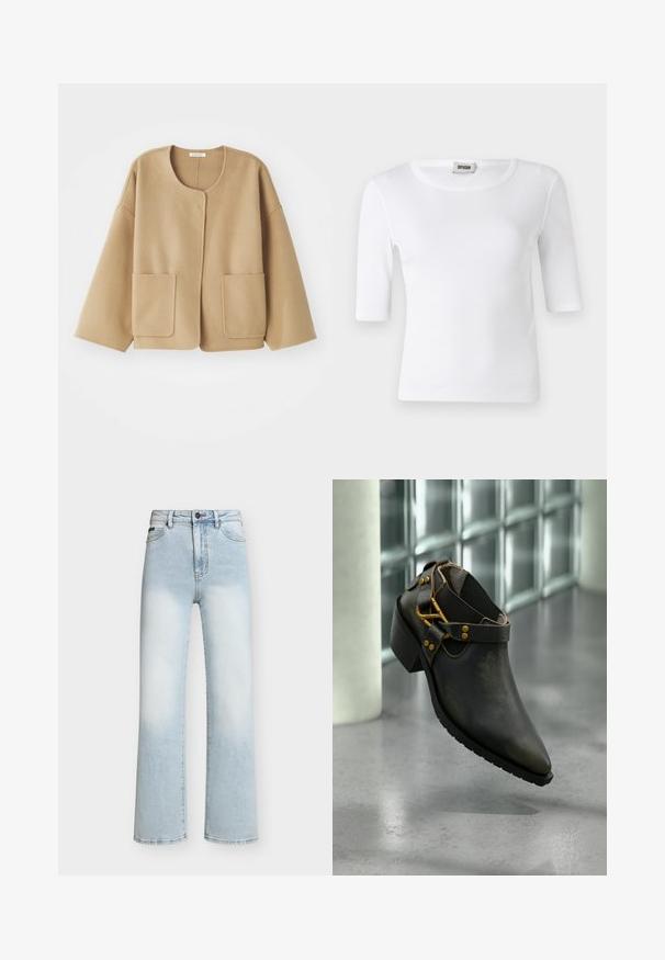 Beige, Wolle-Mischung Jacke mit Rundhalsausschnitt, fallenden Schultern und zwei Fronttaschen. Einfaches, lässiges Design mit glatter Textur.; Weißes, geripptes T-Shirt mit rundem Ausschnitt und Ärmeln bis zum Ellbogen. Hergestellt aus einem weichen Material mit glatter Textur. Etikett am Ausschnitt sichtbar.; Hochtaillierte, hellblaue Jeans mit geradem Bein, verwaschenem Effekt an den Oberschenkeln, Frontknopf- und Reißverschluss sowie Standard-Design mit fünf Taschen.; Schwarzer Lederschuh mit Absatz, goldener Schnalle und Riemendetails, platziert auf einem reflektierenden Betonboden vor einer Glasbausteinwand.