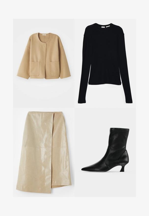 Beige, wollen blazer met een ronde halslijn, verlaagde schouders en twee voorzakken. Eenvoudig, ontspannen ontwerp met een soepele textuur.; Zwarte lange mouw top van zachte stof, met een ronde halslijn en een ontspannen pasvorm met zijsplitten aan de onderkant voor gemak in beweging.; Beige nepleer rok met een glanzend, gestructureerd slangenhuidpatroon; beschikt over een wikkelontwerp en een zijsplit voor extra detail.; Zwarte leren midkuitlaars met spitse neus en lage kittenhak, zijaanzicht op een effen lichte achtergrond.
