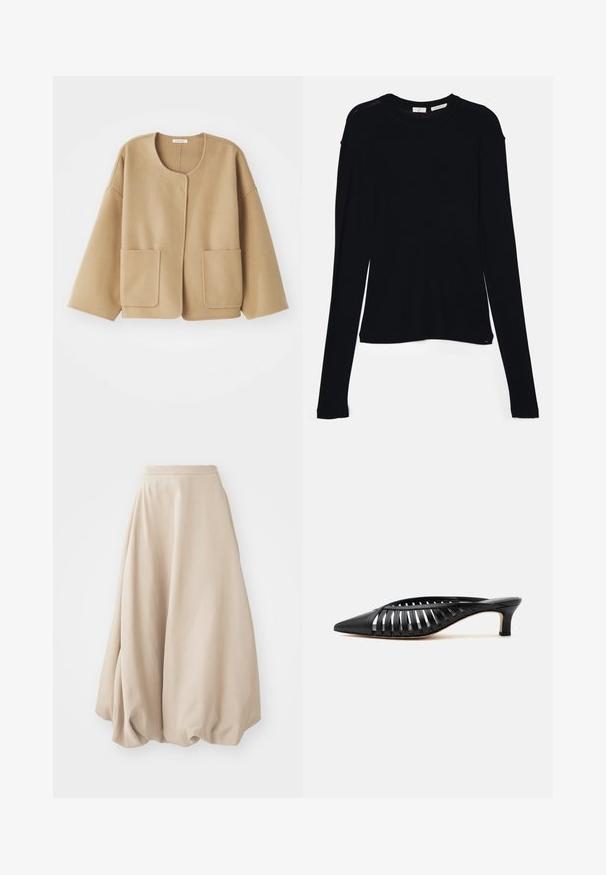 Beige, wollen blazer met een ronde halslijn, verlaagde schouders en twee voorzakken. Eenvoudig, ontspannen ontwerp met een soepele textuur.; Zwarte lange mouw top van zachte stof, met een ronde halslijn en een ontspannen pasvorm met zijsplitten aan de onderkant voor gemak in beweging.; Beige ballonrok gemaakt van zachte stof. Kenmerkt zich door een hoge taille en een volumineus ontwerp met geplooide textuur aan de zoom.; Zwarte leren mule met puntige neus, riemdesign met uitsnijdingen en lage kittenhiel op een witte achtergrond.