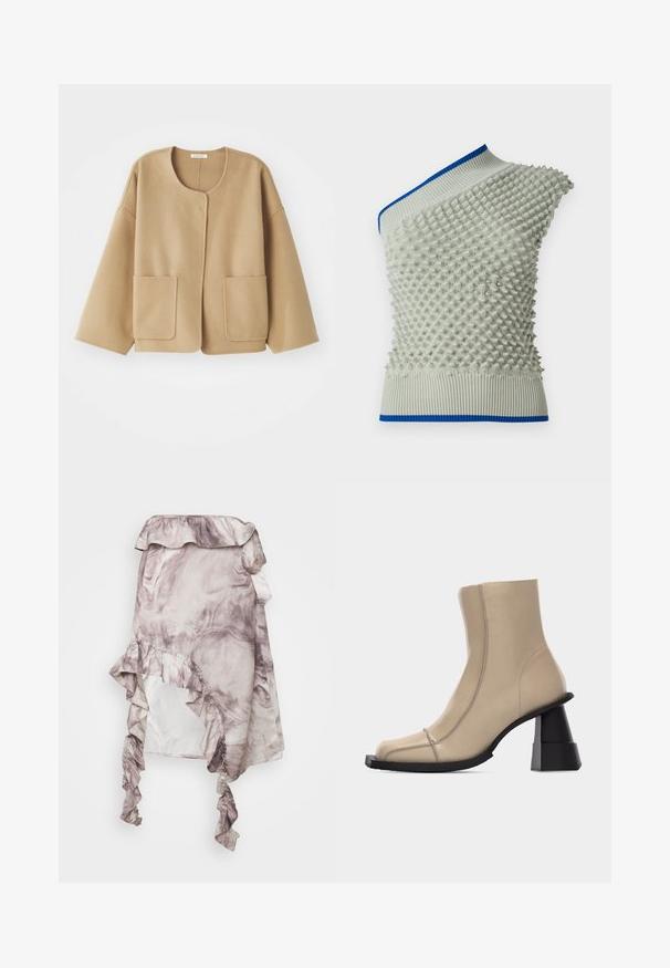 Beige, wollen blazer met een ronde halslijn, verlaagde schouders en twee voorzakken. Eenvoudig, ontspannen ontwerp met een soepele textuur.; Asymmetrisch gebreide top in lichtgrijs met een verhoogd textuurpatroon; beschikt over een blauwe ribbelachtige halslijn en zoom. Unieke details versterken het ontwerp.; ROKH MIDI SKIRT RUFFLES - A-lijn rok - purple; Beige leren enkellaars met vierkante neus, zichtbare stiksels en een stevige zwarte gevormde blokhak op een witte achtergrond.
