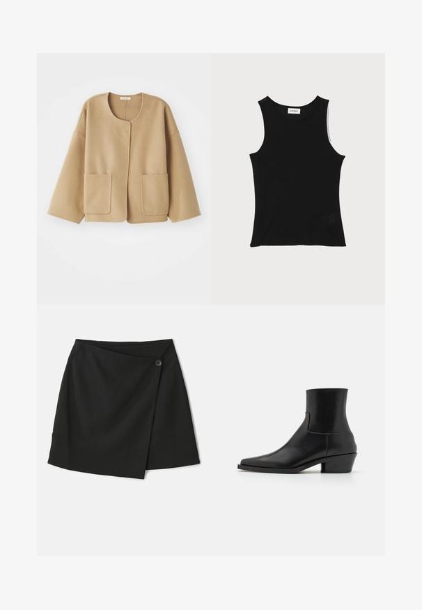 Beige, wollen blazer met een ronde halslijn, verlaagde schouders en twee voorzakken. Eenvoudig, ontspannen ontwerp met een soepele textuur.; Zwarte geribbelde tanktop met een ronde halslijn en brede schouderbanden, met een subtiele textuurafwerking en een klein gaasdetail aan de zoom.; Zwarte wikkelrok met een soepele stofstructuur, asymmetrisch ontwerp en een zijknopsluiting voor extra detail.; Zwarte leren enkelboot met een vierkante neus, matte afwerking en een lage blokhak. Heeft een gladde, gestroomlijnde vormgeving zonder versieringen.
